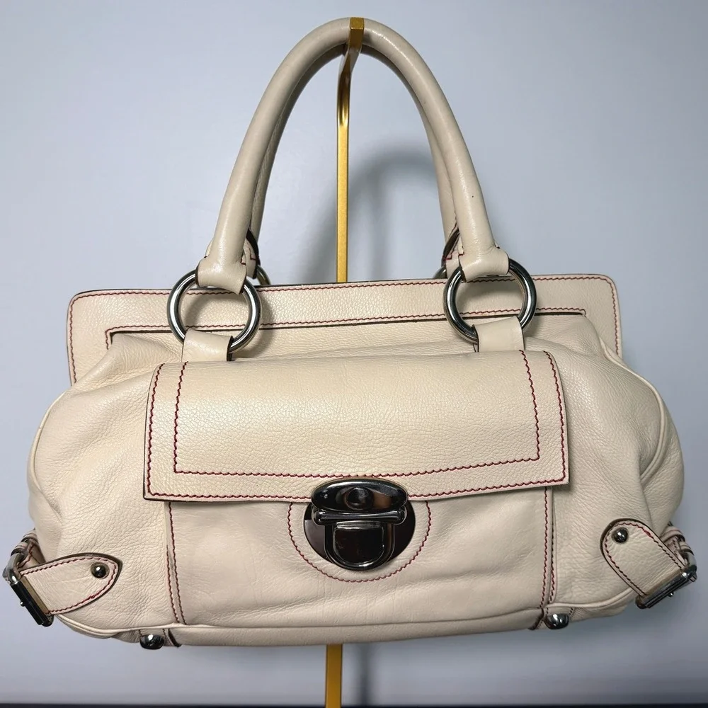 Vintage Marc Jacobs Venetia Satchel Bag Womens Cream Leather Y2K Contrast Stitch